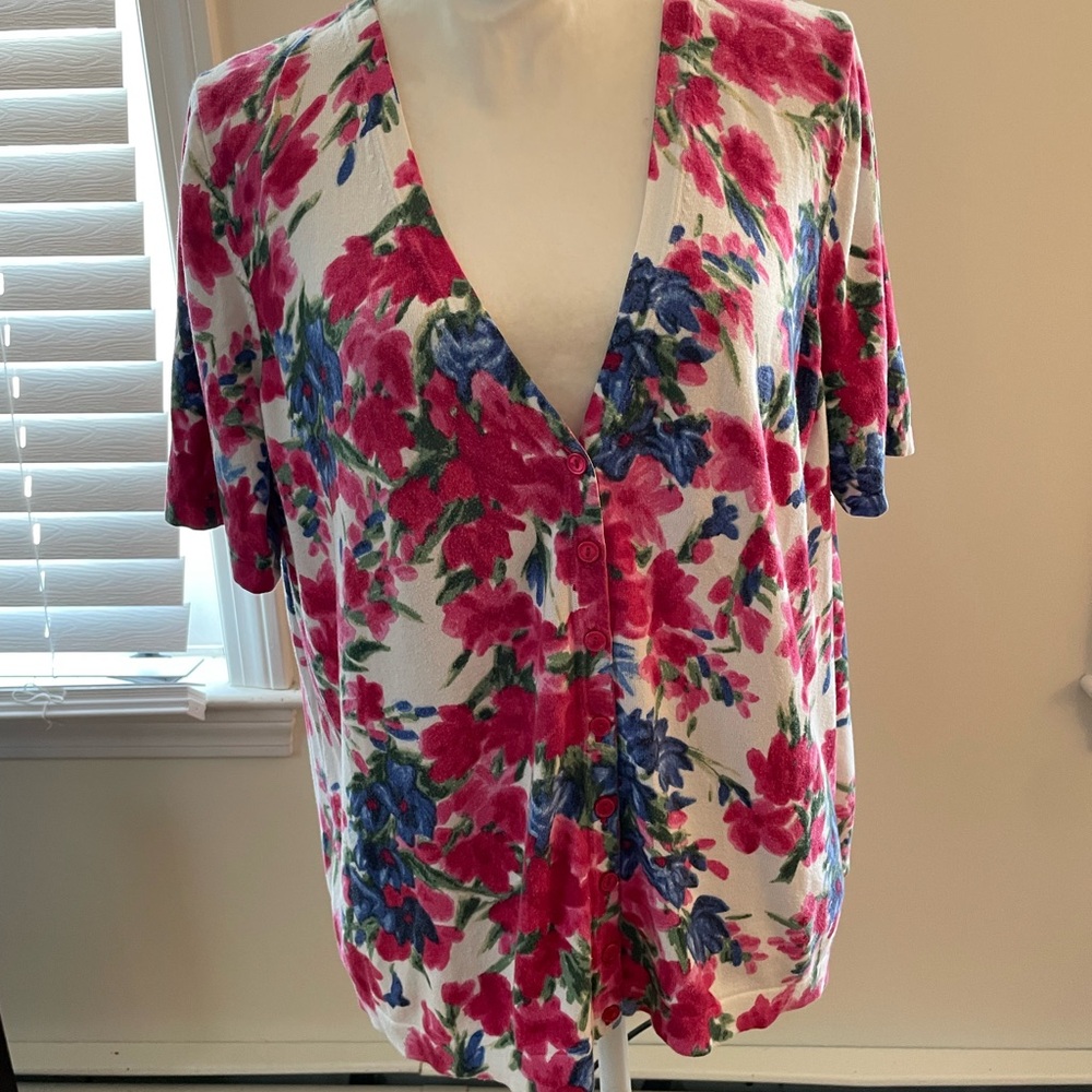 Talbots Pink and Blue Floral Button-Up lightweight sweater/ top
